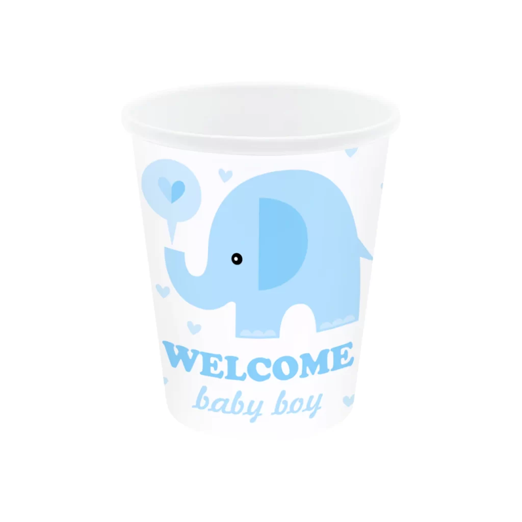 Puodeliai Baby shower žydras drambliukas (6 vnt./220 ml)